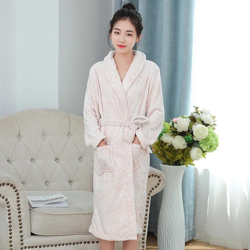 Casual Flannel Coral Fleece Robe Female Winter Warm Kimono Bathrobe Gown Nightwear Sleepwear Intimate Lingerie Home Clothes