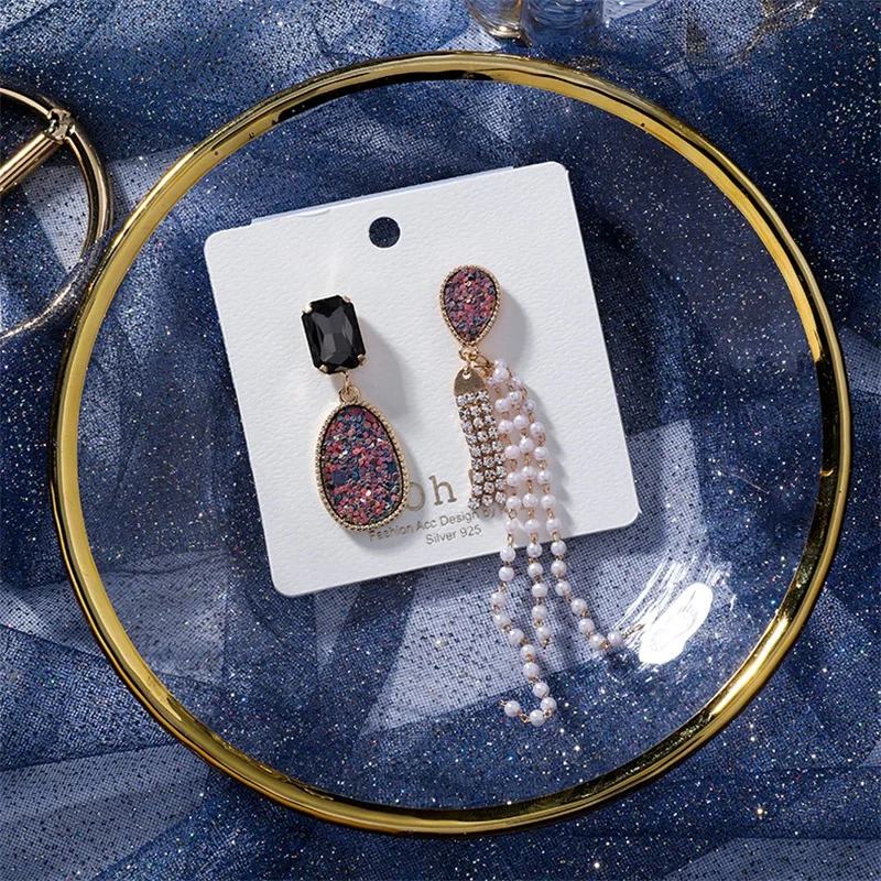 

925 Silver Needle Fashion Bright Sequins oval Pearl Earrings Asymmetric multi-layer Rhinestone long Tassel Earrings Women Girls