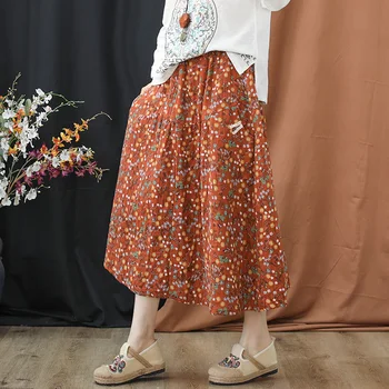 

Women Cotton Linen Skirt Long Midi Big Loose Oversized Print Retro Vintage Fashion Casual for Spring Summer AZ22201716