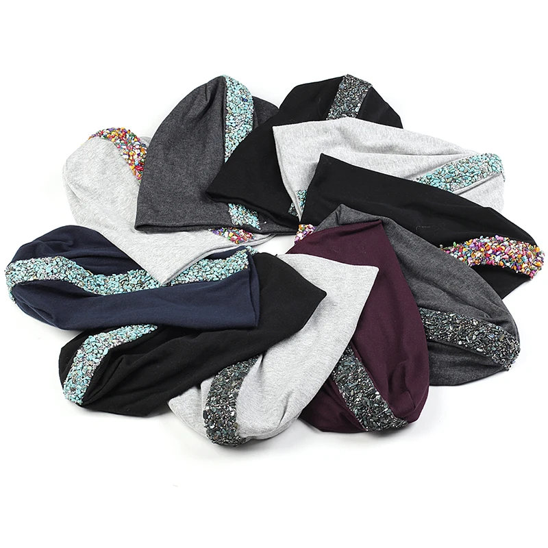 

Мужская и женская хлопковая Шапка-бини, Теплая Шапка-бини с черепом для взрослых, яркая тканевая шапка с блестящими камнями в полоску, повседневные Модные шапки