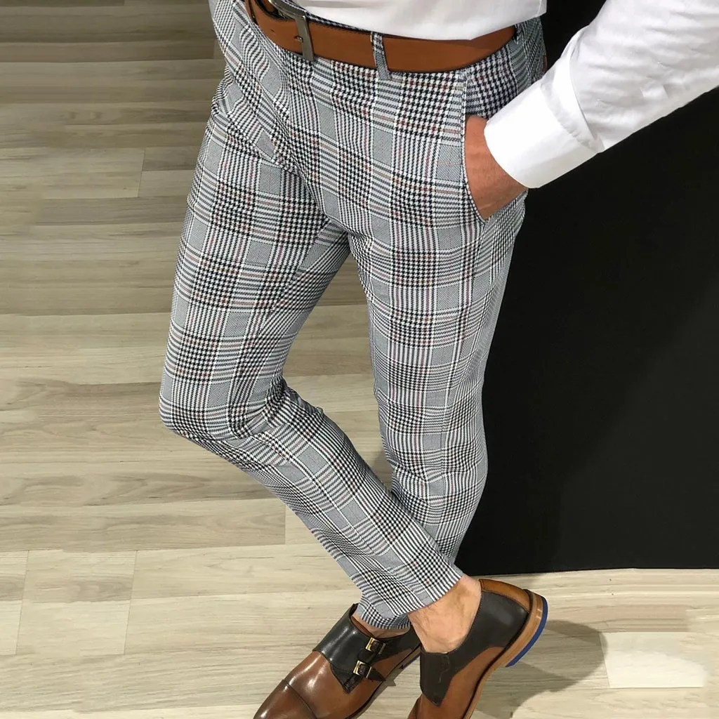 Plaid Print Drawstring Elastic Waist Long Pencil Pants Men Smart Business Slim Fit Trouser Pantalons de mode pour hommes#20