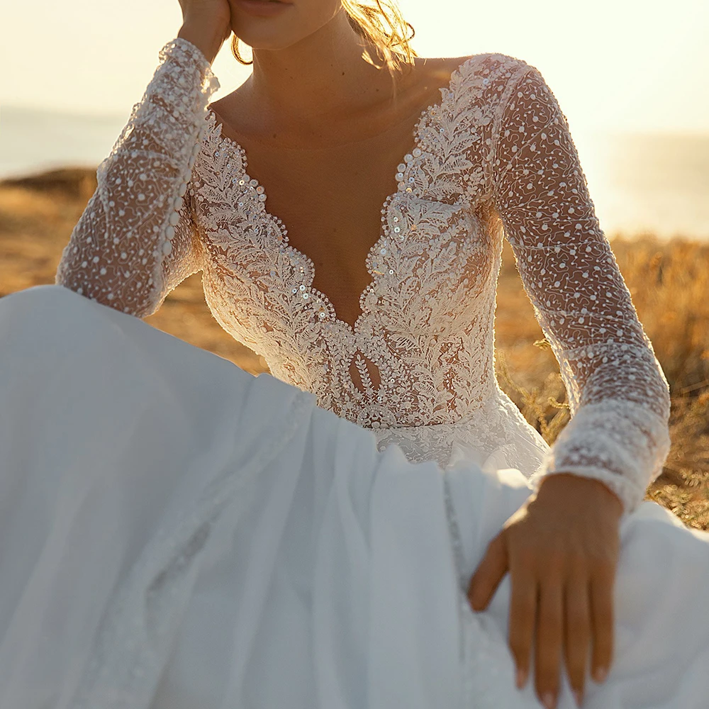 

V-Neck Dresses For Women 2021 Elegant Wedding Boho Long Sleeve Backless With Appliques A-Line Sweep Train Bridal Gowns Vestido