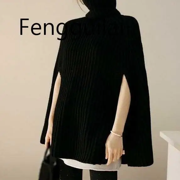 Autumn Winter Elegant Women Turtleneck Knitted Sweaters And Pullovers Casual Black Jumper Cloak Sweaters Loose Female Poncho Autumn Winter Elegant Women Turtleneck Knitted Sweaters And Pullovers Casual Black Jumper Cloak Sweaters Loose Female Poncho
