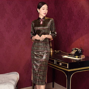 

Female Flower Mandarin Collar Cheongsam Chinese Traditional Green Long Qipao Evening Party Dress Big Size 3XL 4XL Vestidso