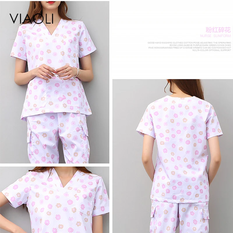 Viaoli women and men Medical Uniforms Nursing Scrubs Clothes Short Sleeve coat Doctor Clothing Brush hand clothing printing