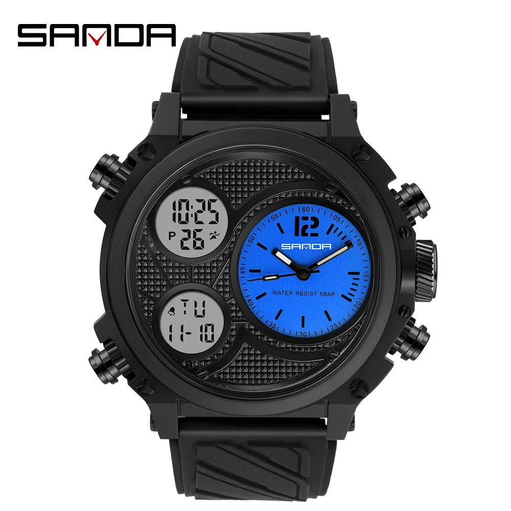 SANDA New Sports Watch Male Outdoor Luminous Waterproof GMT Dual Time Display Chronograph Week Calendar Electronic Watches 3001 