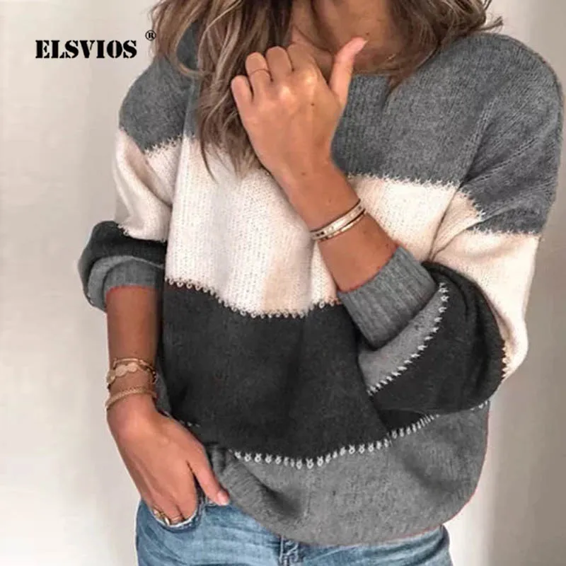 ELSVIOS, женские зимние вязаные свитера, женские осенние Повседневные свитера с круглым вырезом и длинным рукавом в стиле пэчворк, женские плотные свободные пуловеры Kint