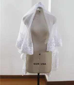 

100% Real Photo Two Layers Wedding Veil With Comb Lace Edge Bridal Veils Appliqued Cathedral White Ivory Custom Made BV02