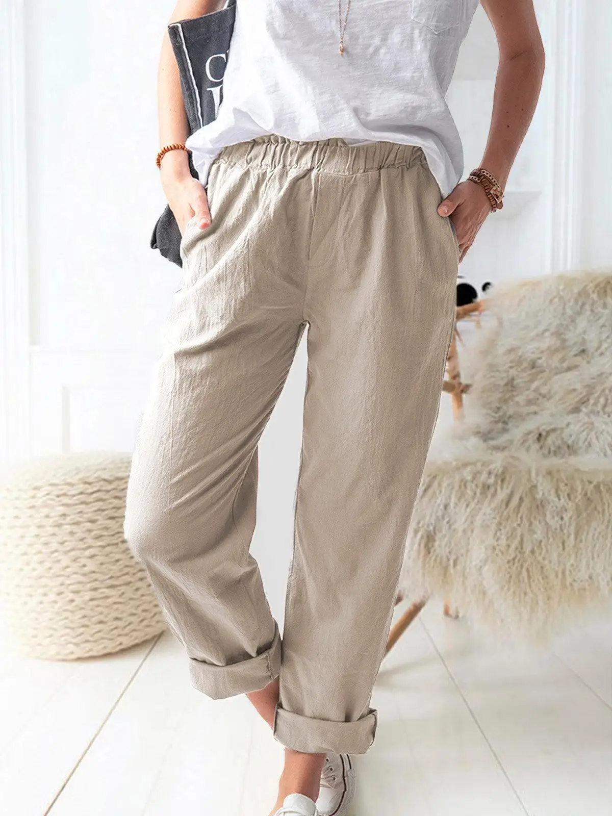 Cotton Linen Elastic Waist Solid Color Straight Pocket Long Pants Women Summer Plus Size Streetwear Beach Casual Loose Trousers plus size capris Pants & Capris