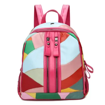 

Leather women backpack genuine leather sheepskin book shell for girls colorful travel bag package sac transport collage students