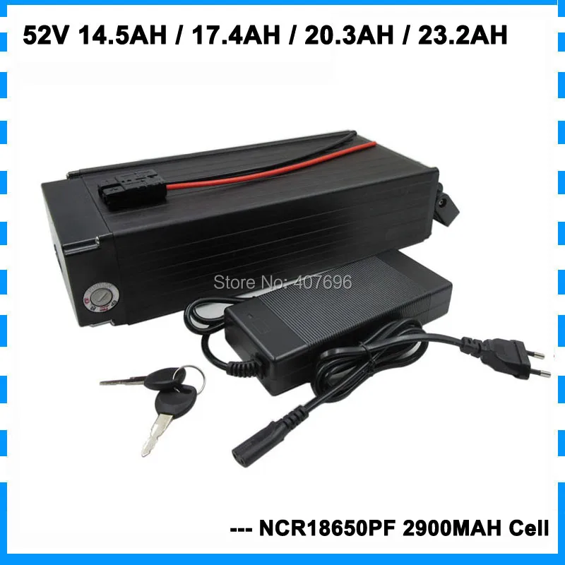 

1500W 52V Ebike rear rack battery 52V 14.5AH 17.4AH 20.3AH 23.2AH lithium ion battery With 29 PF Cell 30A BMS 2A Charger