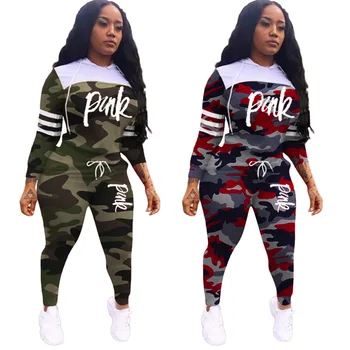 

2020 Spring Design Casual 2 pcs Women Set 2 Color Camouflage Hooded Full Sleeve Tops Long Pants Tracksuits TK6062