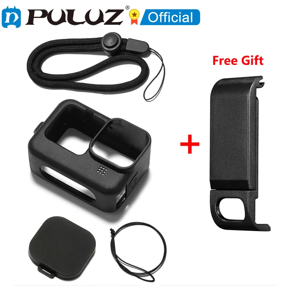 PULUZ-Kit de accesorios para Cámara de Acción GoPro Hero 9, funda carcasa de silicona negra, tapa de objetivo, tapa lateral de batería para GoPro