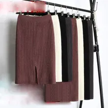 60-80 см эластичная лента женские юбки осень зима теплая трикотажная прямая юбка ребристая юбка средней длины черная