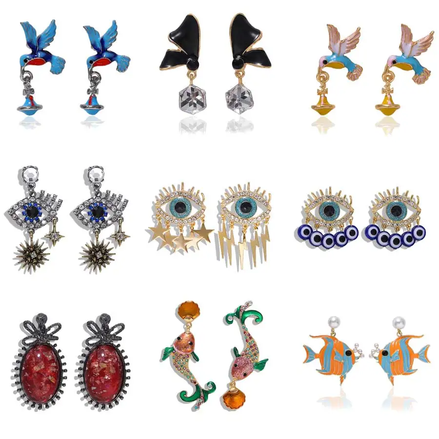 

Dvacaman Evil Eye Crystal Earrings for Women Fish Birds Animal Dangle Drop Earrings Metal Paint Jewelry Wholesale Christmas Gift