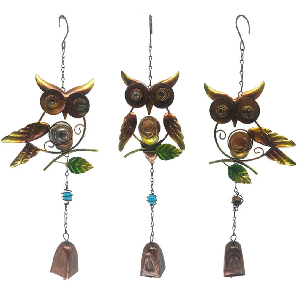 

1PC Owl Wind Chime Left Right Wing Iron Craft Large Glass Bead Square Bell Ornament Creative Home Garden Pendants