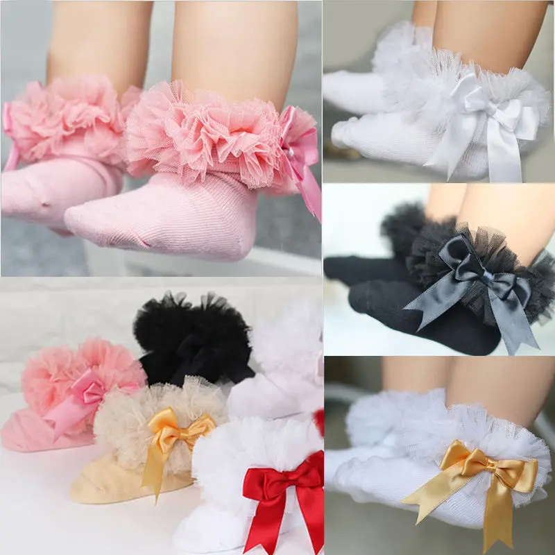 Носки для маленьких девочек с бантом и кружевными оборками; хлопковые носки принцессы с лентами; разные цвета; серый, красный, черный, розовый, белый