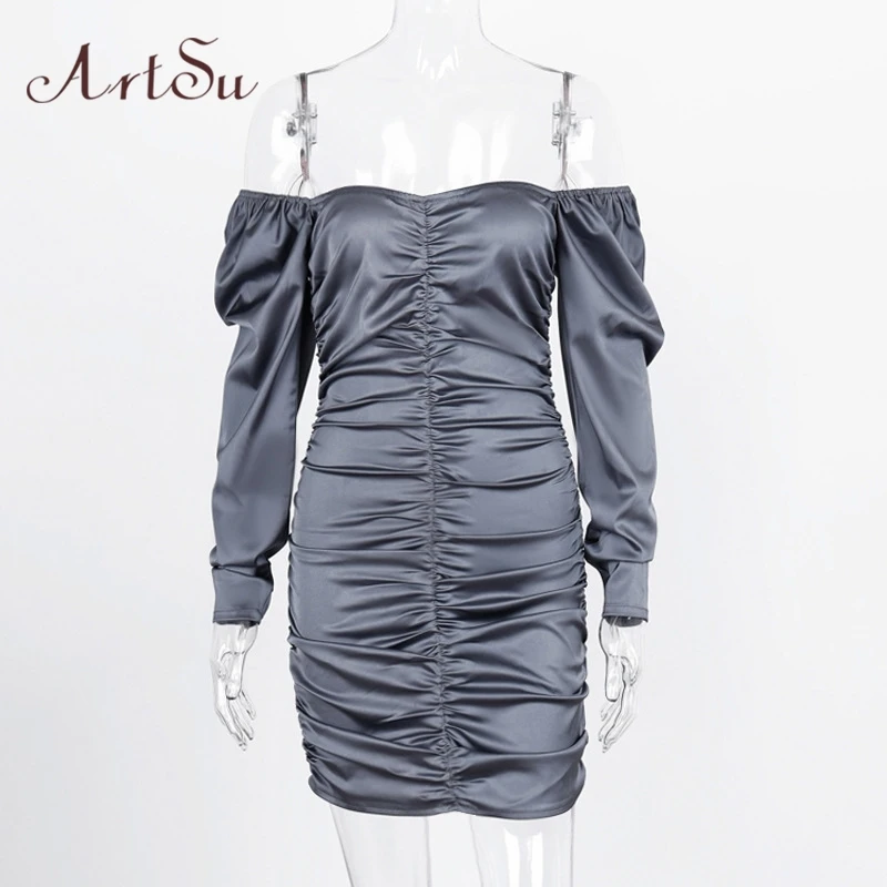 ArtSu Сатиновые мини-платья с открытыми плечами, женские осенние Сексуальные облегающие платья с длинным рукавом для вечеринок, женское платье с вырезом лодочкой ASDR60367 - Цвет: Синий