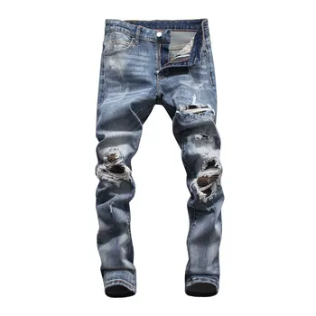 

Fashion Streetwear Men Jeans Retro Blue Slim Fit Destroyed Ripped Jeans Men Patchwork Baggy Pants Brand Designer Hip Hop Jeans