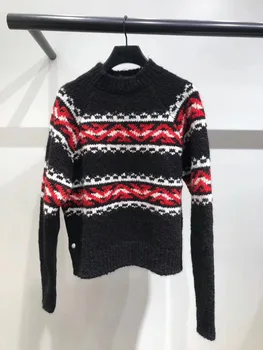 

2019 new winter temperament ladies round neck hit the color geometric striped women jacquard wool knit sweater