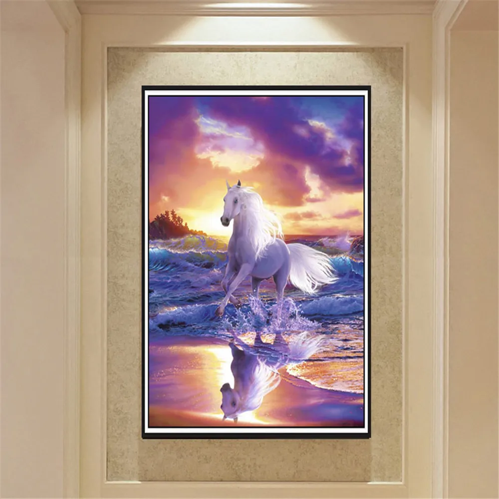 5D DIY Алмазная картина Белая лошадь море закат полная круглая вышивка крестом
