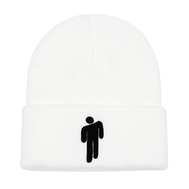 Шапка-бини в стиле хип-хоп с вышивкой Billie Eilish, женские и мужские зимние теплые вязанные шляпы для мужчин и женщин, однотонные Повседневные шапки-бини с манжетами - Цвет: Белый