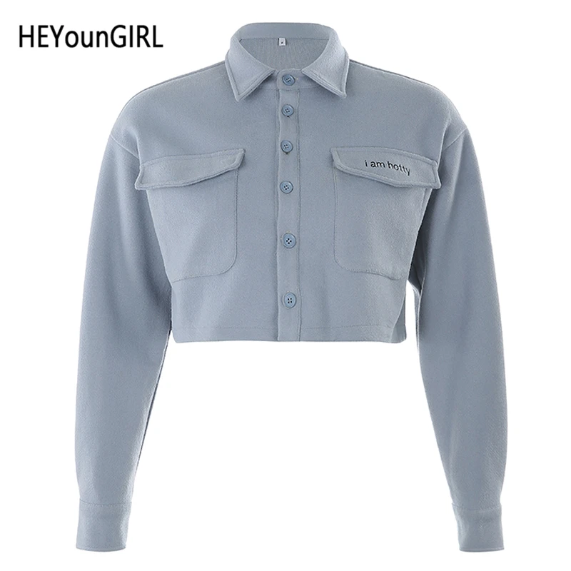 Небесно-голубой HEYounGIRL Свободная Повседневная укороченная куртка для женщин корейский стиль модные короткие пальто женские буквы с отложным воротником пальто осень зима - Цвет: Небесно-голубой