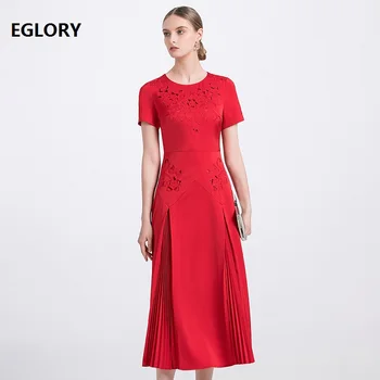 

Top Quality New 2020 Summer Party Events Women O-Neck Hollow Out Embroidery Short Sleeve Pleated Mid-Calf Pink Red Dress XXL