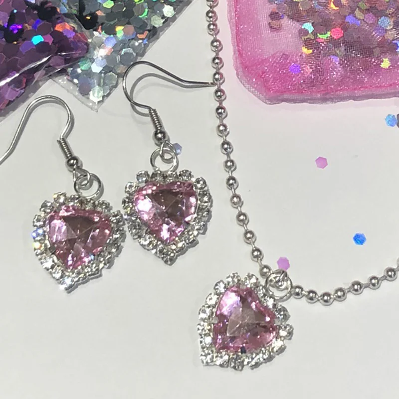 Rhinestones Pink Heart Necklace | Rhinestone Pendant Necklace | Pink ...