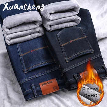 

Fleece men's jeans 2019 new straight stretch winter thick classic brand warm thick blue black waist streetwear Chinese jeans