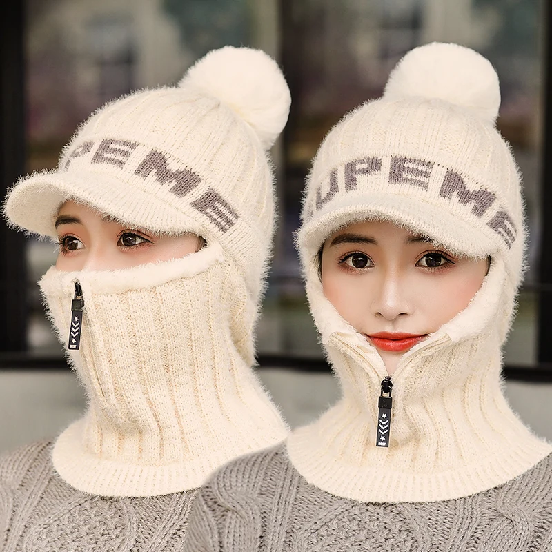 Белый Женская шапка Skullies Beanies, зимняя, защита ушей, Корейская, Молодежная, зимняя, теплая, шерстяная, мягкая, Вязанная, меховая, женская шапка с капюшоном, плюшевая, бархатная, Tuque - Цвет: Белый