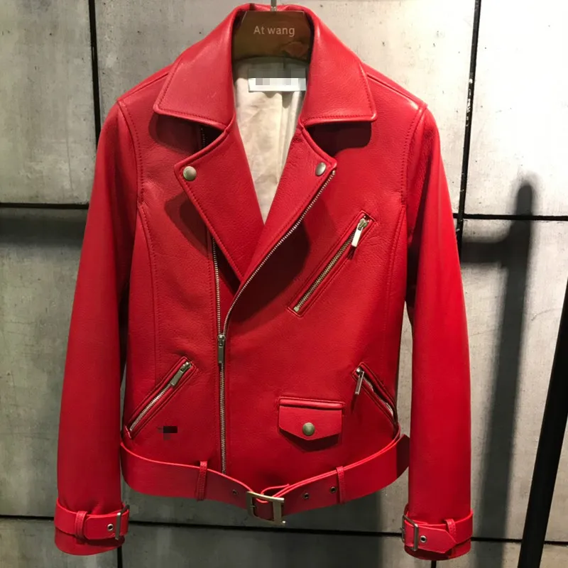 

RR Imported Goatskin Coats Women Fashion Genuine Leather Jackets Women Elegant Three Color Moto Biker Coats Female Ladies HM