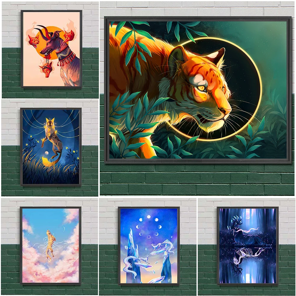 

Tiger Eclipse And Demons Vintage Wall Art Canvas Painting Surreal Fantasy Animal Abstract Poster And Prints Home Decor Unframed