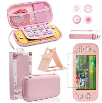 

Pink Travel Carrying Case Accessories Kit for Nintendo Switch Lite, Console Stand Glass Screen Protector Sakura Thumb Grip Caps