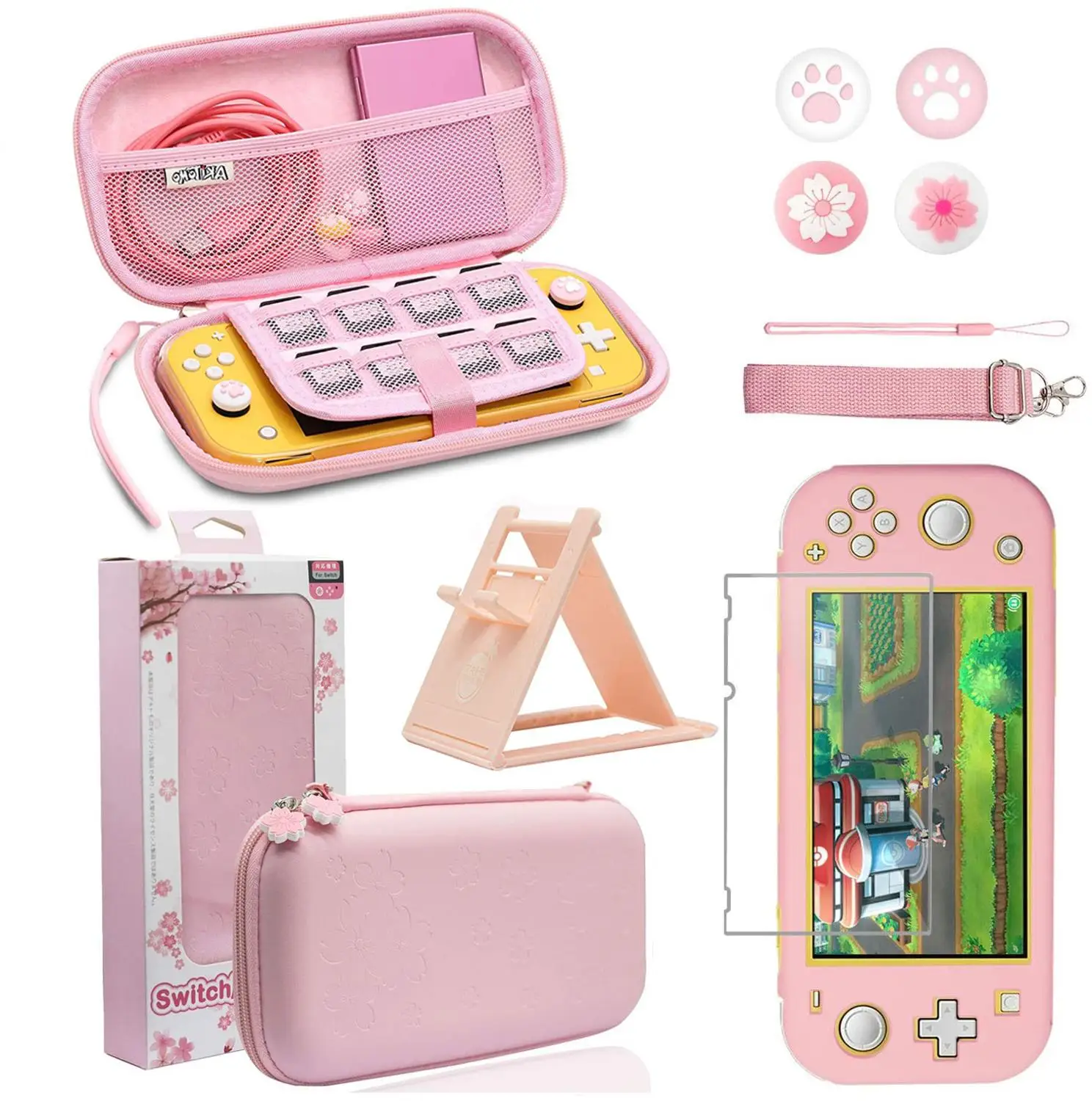Viagem Carrying Case Acessórios Kit para Nintendo Switch Lite Console Suporte Protetor de Tela de Vidro Sakura Polegar Caps Aderência Rosa