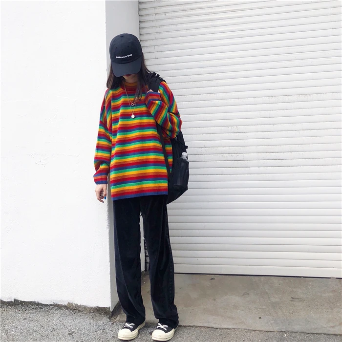 Women's Knit Sweater Loose Stripe Sweaters Long Sleeve Color Womens Pullover Japanese Kawaii Clothing Winter Clothes for Women