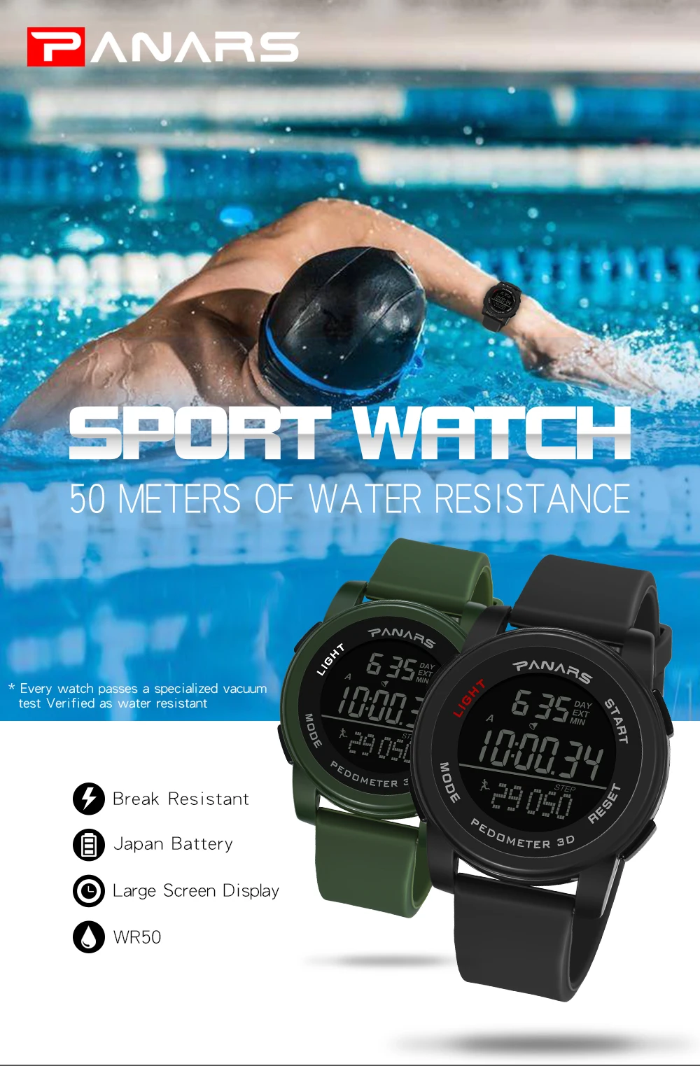 PANARS Mens Digital Watches Men's Sport Watch Dual Time Pedometer Alarm Clock 50M Waterproof Military Multifunction Reloj Hombre