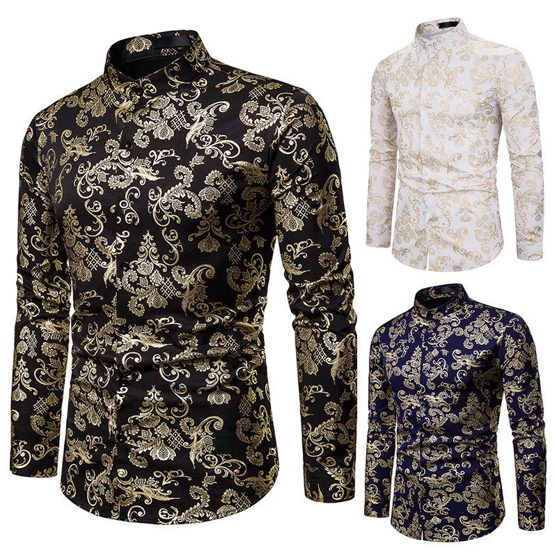

2019 Spring And Autumn New Style Europe And America Men's Fashion Henry Collar Design Shirt Bronzing Printed Casual Long-sleeved