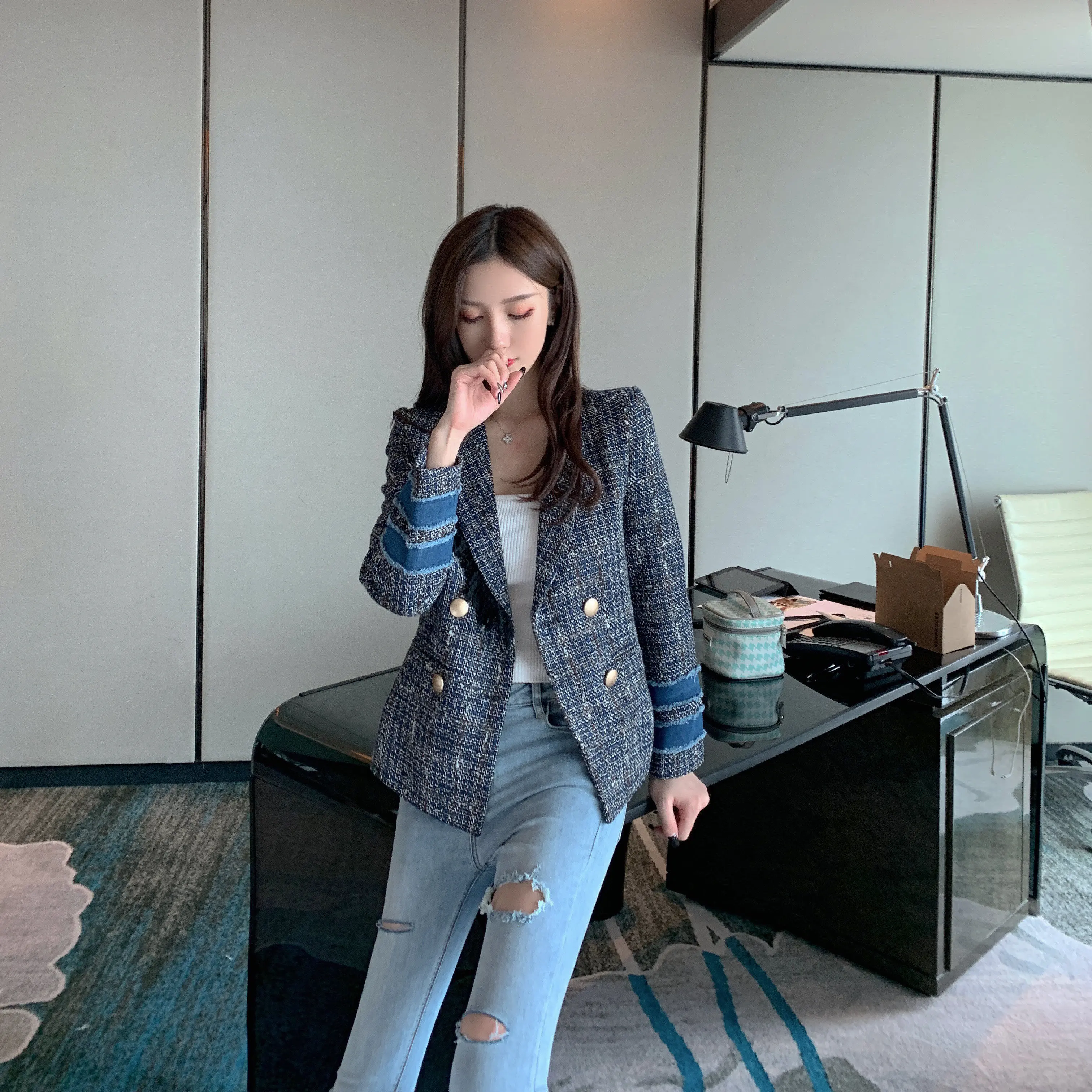 price reduction  2019 Autumn Runway Jacket Coat Patchwork Denim Tweed Jacket For Women Turn Down Collar Vintage doub