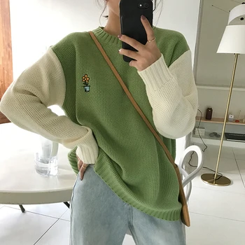 

Women Harajuku Knitted Sweater 2019 New Small Fresh Embroidery Patchwork Pullover Jumper Autumn Winter Casual Female Sweaters