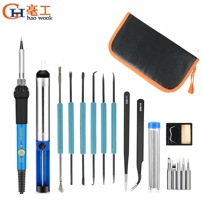 

220V/110V 60w EU Plug Adjustable Temperature Electric Soldering Iron kit Desoldering Pump Tin Wire Pliers Welding Tools Bag