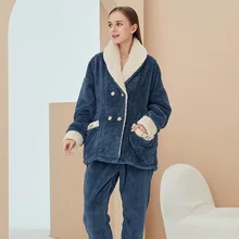 Coral Fleece Pajamas Women's Autumn And Winter Cardigan Plus Fleece Pajamas Flannel Home Service Warm Suit
