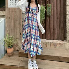 Real Shot Romantic Summer Plaid Suspender Dress women long sleeve dress
