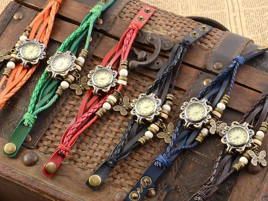 Женские повседневные винтажные Многослойные браслеты из искусственной кожи с бабочкой женские наручные часы ручной работы Плетеные Dreamcatche