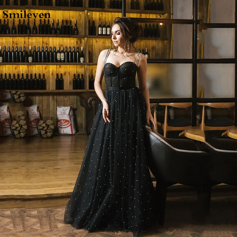 

Smileven Pearl Black Corset Long Prom Gown Robe de Soiree Sexy Spaghetti Straps Evening Gowns Puff Tulle Formal Party Dress