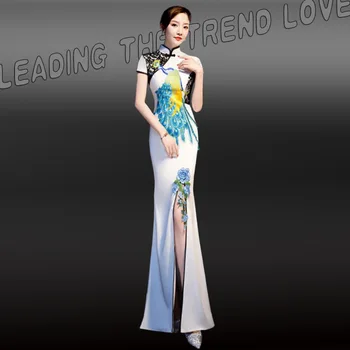 

Size 4XL Mermaid Embroidery Elegant Stage Show High Split Silm Qipao Chinese Traditional Women Dress Vintage Lady Sexy Cheongsam