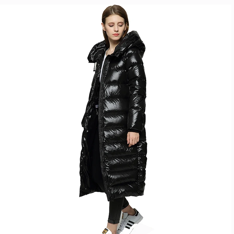 Fitaylor Winter Hooded Patent Leather Long Jacket