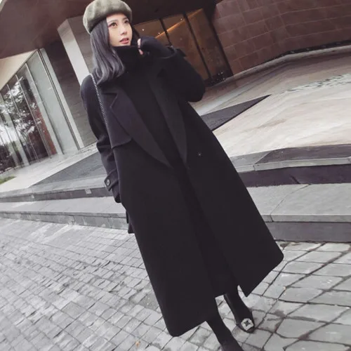 Корейское пальто зимнее женское кашемировое шерстяное пальто Новая мода Длинное свободное шерстяное пальто черное тонкое шерстяное пальто с длинными рукавами верхняя одежда