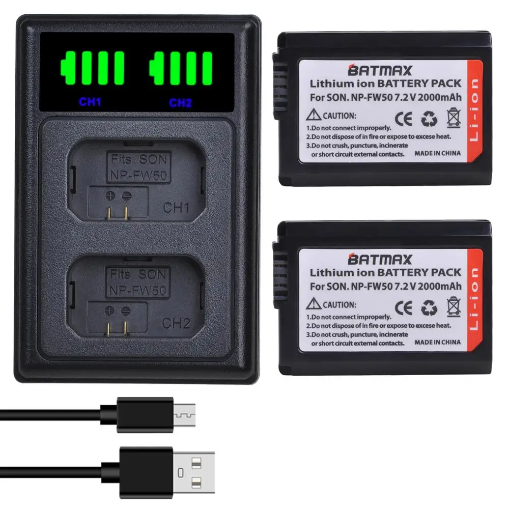 Bamtax 2000Mah Np-Fw50 Batteria + Nuovo Caricatore Doppio Led Per Sony A5000 A6000 Nex 5T 5R 5Tl 5N 5C 5Ck A7R A7 F3 3N 3Ca55 A37 Zv-E10