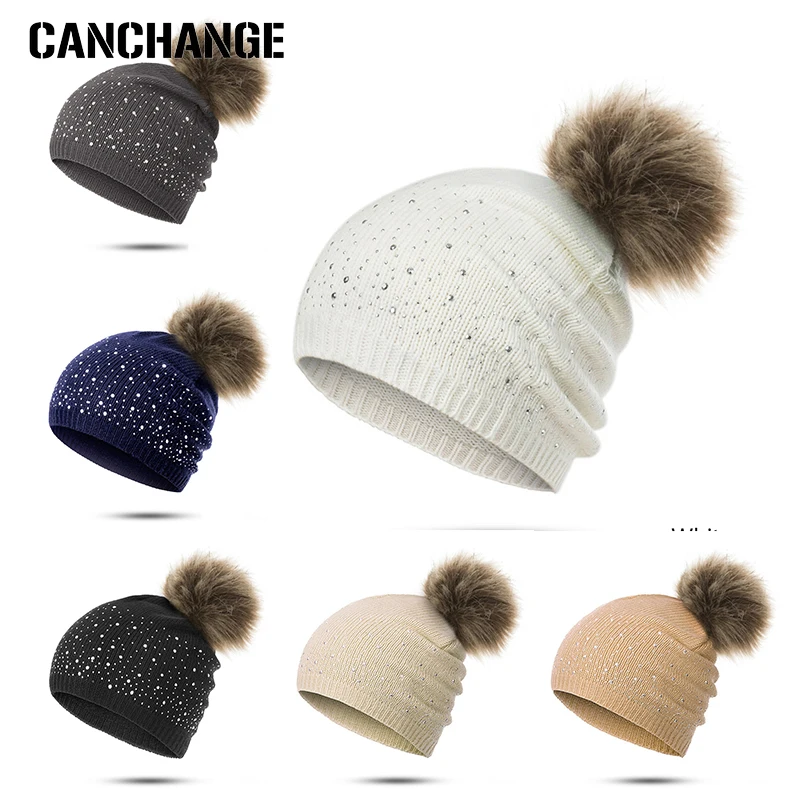 

Best Selling Pom Pom Hat Ladies Fashion Knit Hat Men'S Hat Casual Warm Universal Hat Skullies Hair Ball With Rhinestones